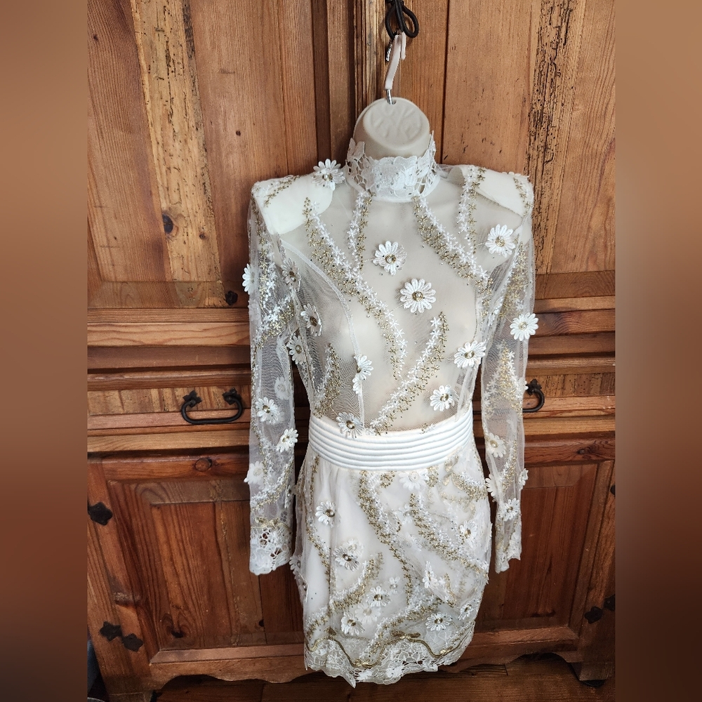 Zhivago Ivory and Gold Embroidered Long Sleeve Dress - Picture 5 of 6
